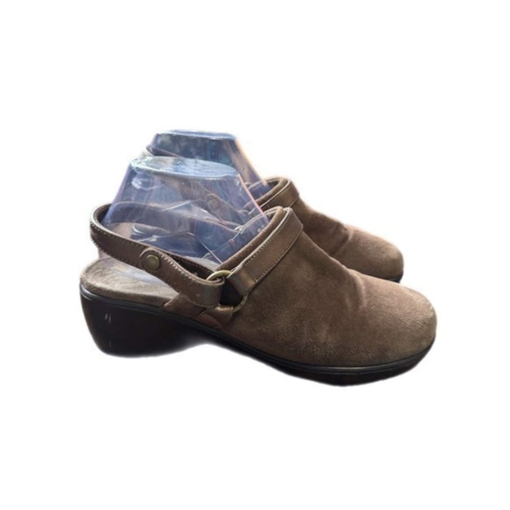 Vionic Suede Slingback Clogs Women‎ Brown Wedge Heel Metallic Strap size 9